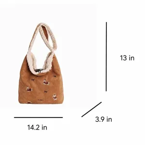 Brown corduroy shoulder bag with sherpa lining, puppy embroidery, size 36x33x10cm.