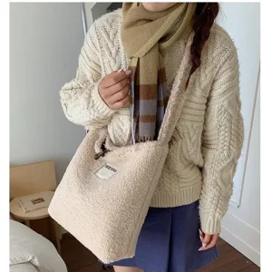 Autumn winter casual large capacity sherpa crossbody tote bag with embroidered letter