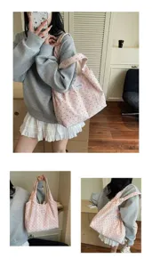 Borsa shopper in tela rosa a pois casual da donna, borsa a tracolla capiente quotidiana.