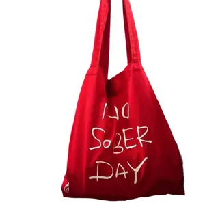 Red canvas tote bag for women, casual large capacity shoulder bag with letter print main view