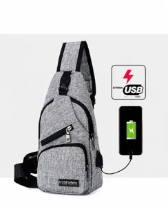 Men casual waterproof sling chest bag grey canvas crossbody daypack with USB port