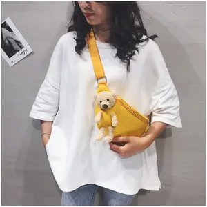 Yellow canvas chest bag for women, cute teddy bear crossbody shoulder bag, casual daypack.