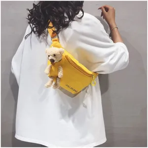 Cute canvas chest bag for women with bear pendant, casual single shoulder crossbody bag.