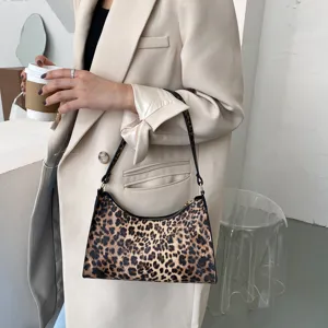 Leopard print vintage underarm shoulder bag for women, chic trendy mini crossbody handbag.