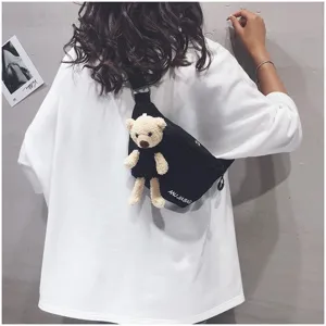 Cute bear canvas chest bag for women, casual crossbody shoulder bag with plush toy.