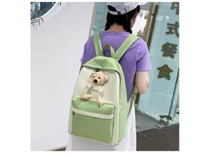 Cute aesthetic canvas school backpack with adorable teddy bear plush pendant for students daily use.