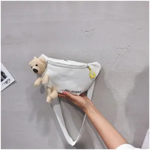 Cute teddy bear canvas chest bag detail view, casual fashion shoulder crossbody bag for women.