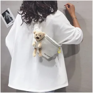 Canvas chest bag for women cute bear crossbody bag casual student shoulder bag fashion