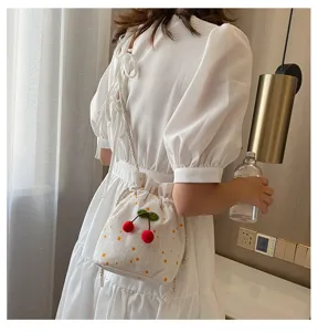 Sac seau en toile style ins pour femmes mignon sac bandouliere cerise florale chic