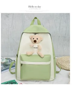 Cute canvas backpack for women school daily casual green daypack with cute bear doll.