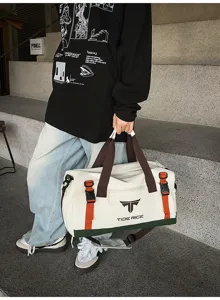 Detailed shot of large capacity travel duffel bag with handles and stylish outdoor design.