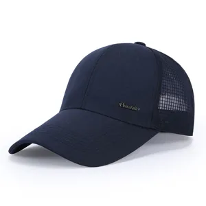 Quick-drying nylon baseball cap detail, navy blue mesh breathable outdoor sports hat.