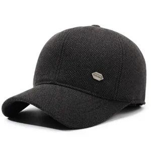 Mens winter wool baseball cap with metal badge, thick warm dad hat for cold weather.