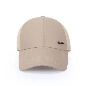 Khaki mesh baseball cap for outdoor sports and sun protection, breathable trucker hat design.