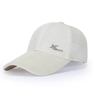 Close up view of breathable mesh baseball cap detail, quick dry sports cap texture display.