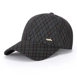 Women's autumn and winter warm baseball cap with fine plaid pattern and metal decor detail.