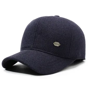 Men's winter woolen baseball cap, thick warm casual hat with metal badge, navy blue.