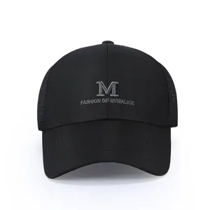 Detail view of the black baseball cap with 3D embroidery and breathable mesh panels.