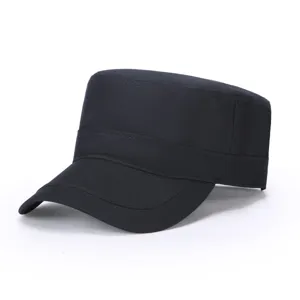Black flat top military cap detail view, classic cadet hat design, lightweight summer hat.