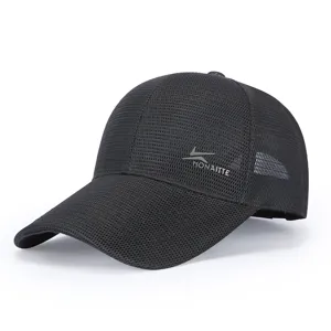 Close-up of black breathable mesh baseball cap, quick-dry fabric, detailed texture and logo.
