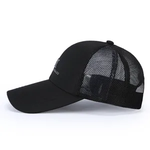 Black mesh baseball cap with extended brim and breathable design, ideal for outdoor sports.