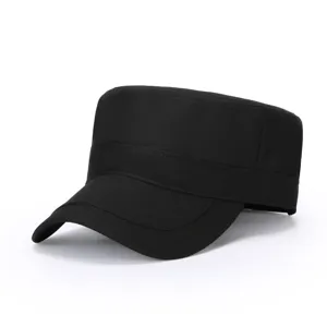 Close-up detail of the black flat top cap fabric texture, simple solid color daily wear.