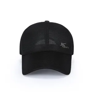 Close-up detail of the black mesh baseball cap, showing breathable fabric and front logo design.