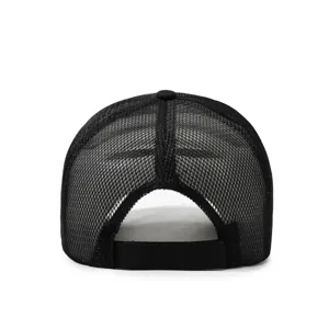 Close-up detail of a black mesh trucker baseball cap, back view showing breathable fabric.