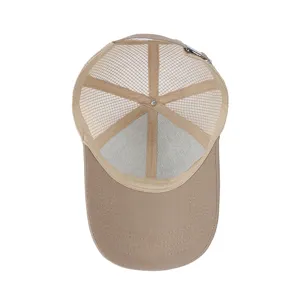 Detailed view of the breathable khaki mesh baseball cap interior structure and quality craftsmanship.