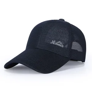 Detailed view of dark blue mesh baseball cap, breathable outdoor sun hat with embroidered logo.