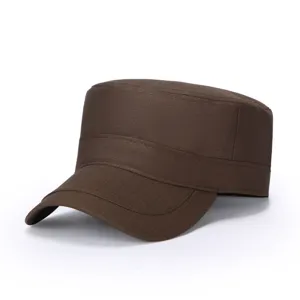 Detail view of brown flat top cap, casual cadet hat for men, outdoor sun protection.