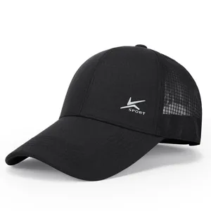 Close-up detail of black breathable mesh baseball cap, showing front sport logo and visor.