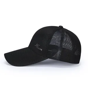 Detail view of black mesh baseball cap with extended brim, breathable quick dry fabric for sports.