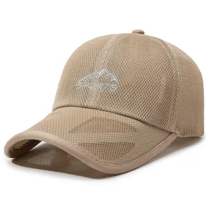 Close-up of breathable mesh baseball cap in khaki, showing detailed embroidery and texture.