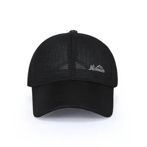 Close-up detail of the black breathable mesh baseball cap showing fine embroidery work.
