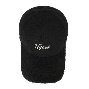 Black teddy fleece baseball cap winter warm outdoor sports casual embroidered letter hat