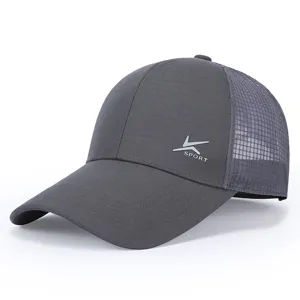 Detail view of gray mesh baseball cap, showing breathable fabric and neat stitching.