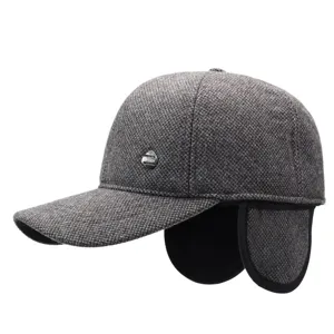 Casquette de baseball d'hiver en laine chaude pour hommes avec oreillettes, gris doublé.