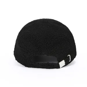 Black teddy fleece baseball cap back view, warm winter adjustable duckbill hat for outdoor.