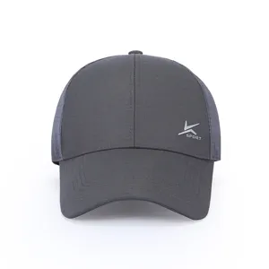Detailed front view of the dark gray breathable mesh baseball cap, showing texture and sport logo.