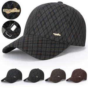 Women's Casual Cotton Plaid Baseball Cap Autumn Winter Warm Adjustable Outdoor Sun Protection Hat With Metal Rhinestone Decor