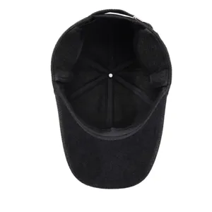 Mens winter warm baseball cap with ear flaps black woolen fabric thick design casual hat