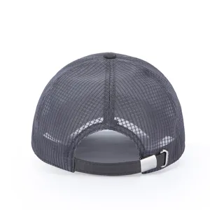 Grey breathable mesh baseball cap detail rear view, perfect for summer outdoor sports and sun protection.