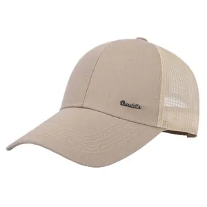 Beige trucker baseball cap with breathable mesh back, curved brim and stylish metal detail.