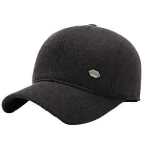 Men's winter warm wool baseball hat with earflaps, thick dark grey casual dad cap.