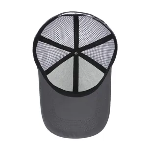 Interior detail view of dark grey mesh baseball cap showing breathable lining and seams.