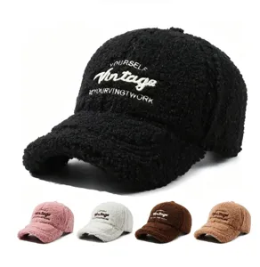 Fuzzy lamb wool baseball cap for women, winter warm vintage embroidered adjustable hat.