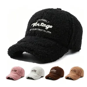 Women Winter Warm Sherpa Fleece Baseball Cap Vintage Embroidered Letter Casual Adjustable Dad Hat Outdoor