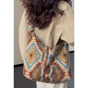 Women Vintage Ethnic Geometric Diamond Lattice Plush Tote Bag Casual Color Block Drawstring Soft Crossbody Bag