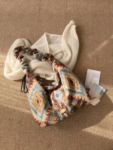 Vintage Ethnic Geometric Diamond Plush Tote Bag Women Winter Warm Fluffy Shoulder Bag